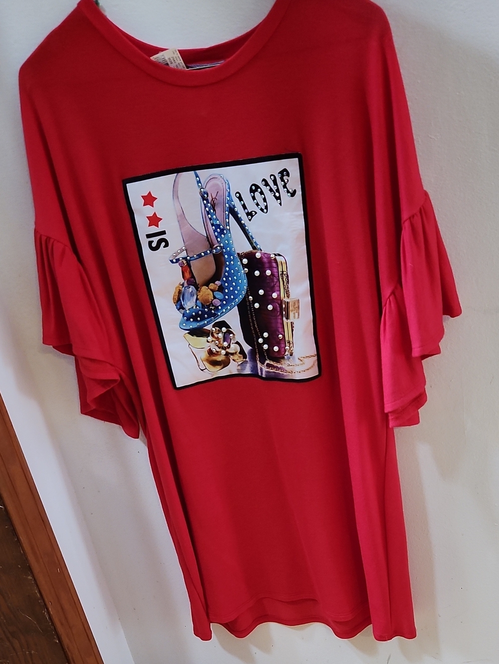 DAVIDA Red Graphic Ruffle Sleeve Tunic